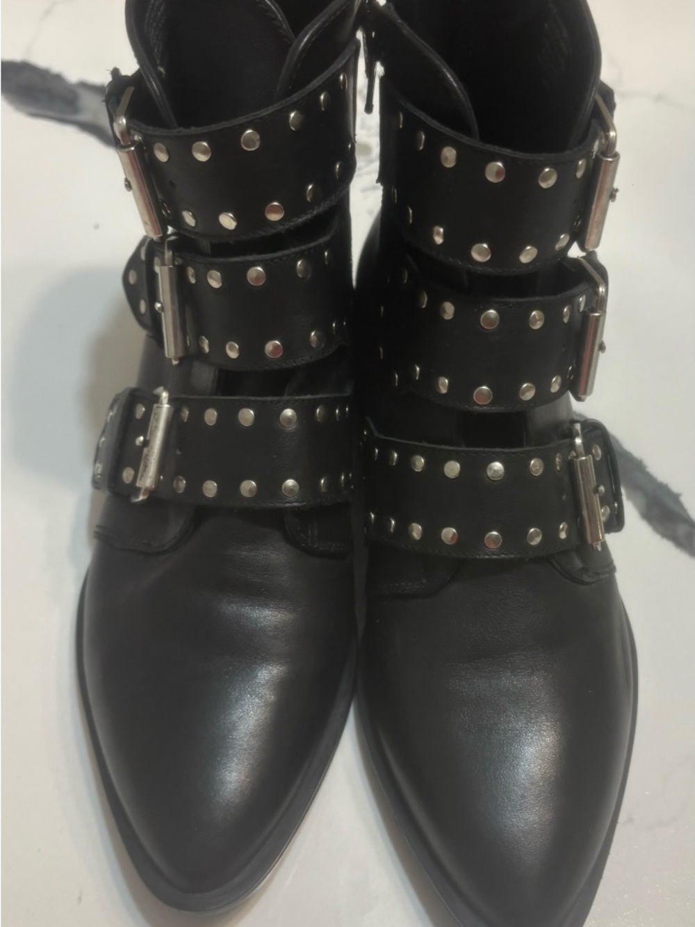 Steven New York Black Studded Triple-Buckle Ankle Boots